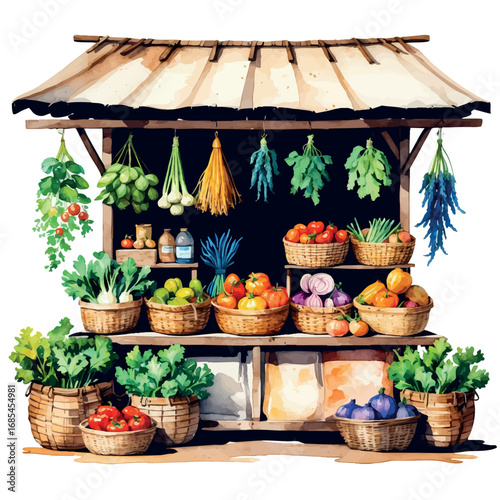Watercolor vector village market stall with fresh produce and handmade crafts