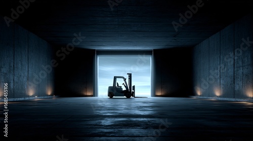 Forklift in Dark Warehouse with Open Door and Ambient Light