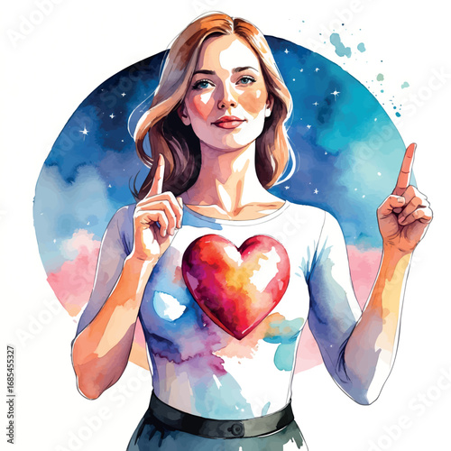 Watercolor vector of woman trusting inner guidance, symbolic gesture of feminine intuition and clarity, isolated