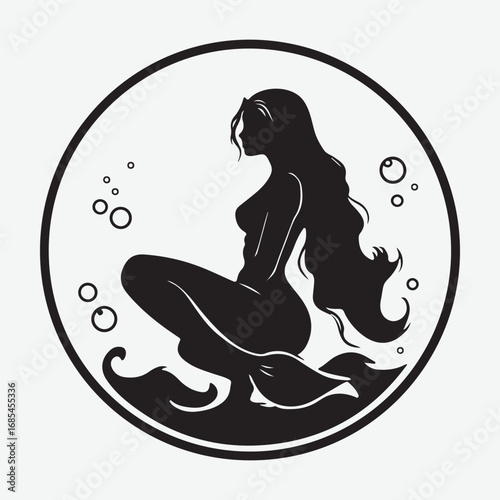 Mermaid Single Vintage Style Retro Graphic, Sitting Mermaid Silhouette Black Icon Symbol Vector Design