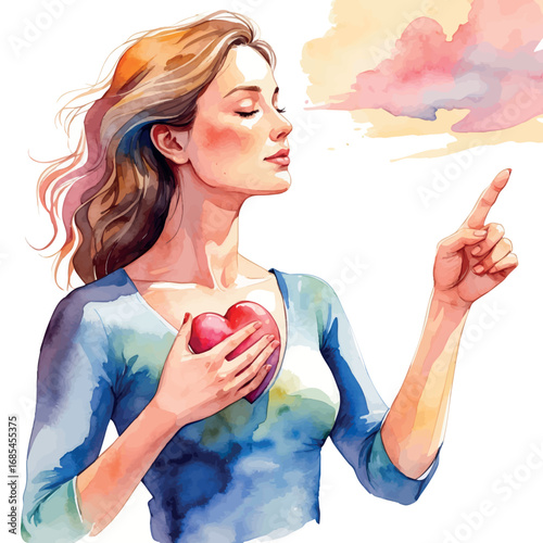 Watercolor vector of woman trusting inner guidance, symbolic gesture of feminine intuition and clarity, isolated