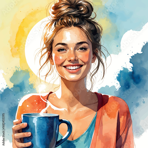 Watercolor vector of happy woman with morning coffee in sunlight, representing positive start, isolated