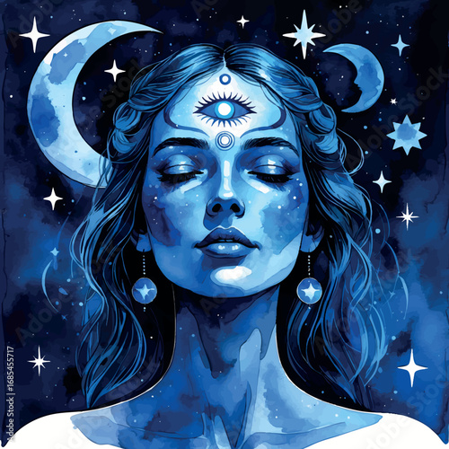 Watercolor vector of intuitive woman with third eye and celestial symbols, feminine intuition concept, isolated