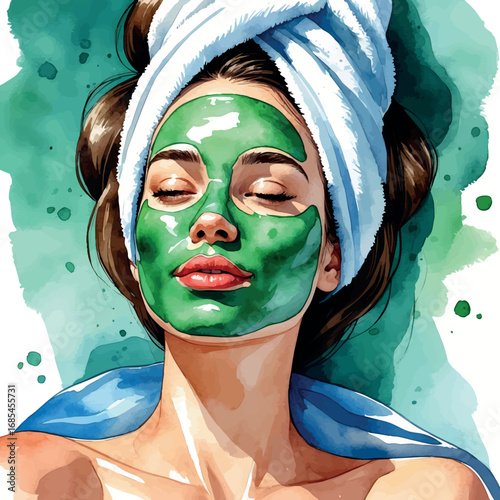 Watercolor vector woman with green face mask – beauty and skincare routine, isolated