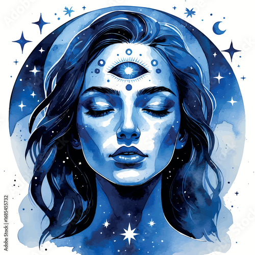 Watercolor vector of intuitive woman with third eye and celestial symbols, feminine intuition concept, isolated