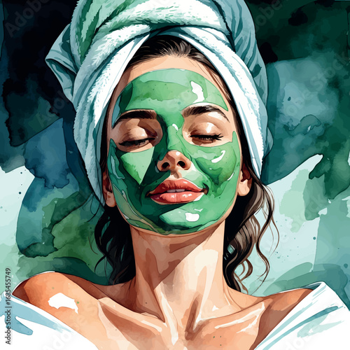 Watercolor vector woman with green face mask – beauty and skincare routine, isolated