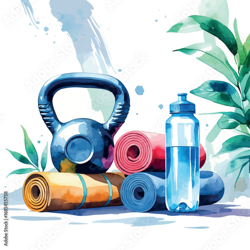 Watercolor vector of minimal home workout gear set, kettlebell, mat and bottle, isolated on white
