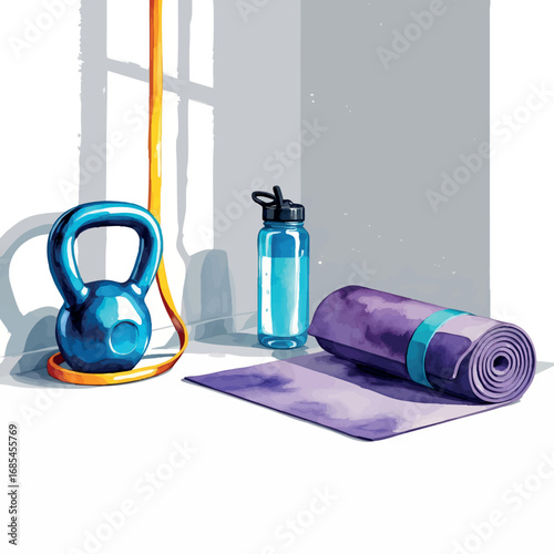 Watercolor vector of minimal home workout gear set, kettlebell, mat and bottle, isolated on white