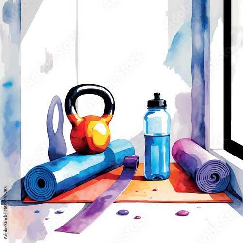 Watercolor vector of minimal home workout gear set, kettlebell, mat and bottle, isolated on white
