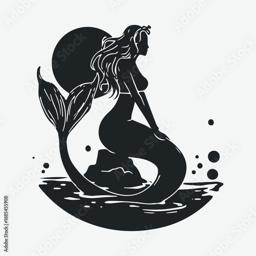 Mermaid Single Vintage Style Retro Graphic, Sitting Mermaid Silhouette Black Icon Symbol Vector Design