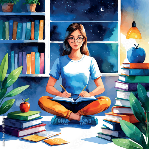 Watercolor vector of young woman studying late for exams with books and laptop, isolated