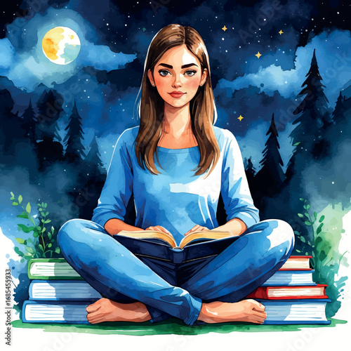 Watercolor vector of young woman studying late for exams with books and laptop, isolated