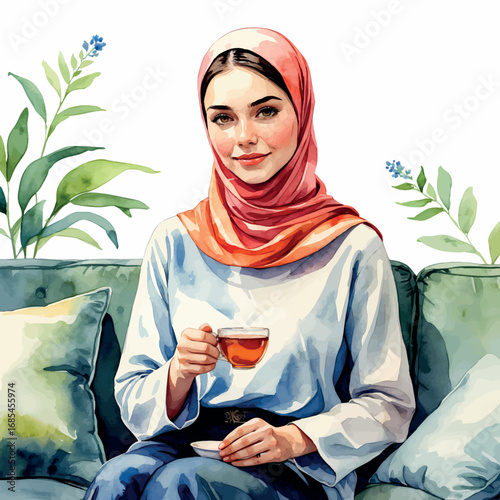 Watercolor vector of young cancer patient with headscarf relaxing at home, hopeful recovery moment, isolated