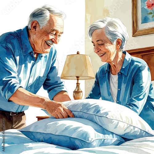 Watercolor vector of elderly couple preparing bed together, nightly bonding routine, isolated