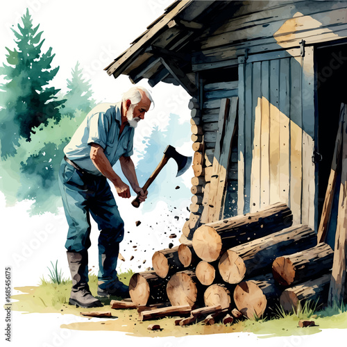 Watercolor vector elderly man chopping firewood in countryside