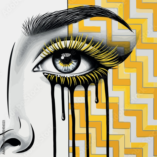 Vector vector art of closeup of a womans eye with dramatic yellow mascara and black tears, against a geometric background transparent background
