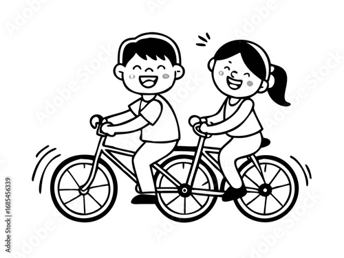 Joyful Bicycle Ride: A cheerful boy and girl share a bicycle, their laughter echoing in the open air, representing the joy of childhood, togetherness, and simple pleasures