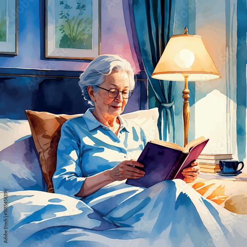 Watercolor vector of senior woman reading in bed before sleep, relaxing evening routine, isolated