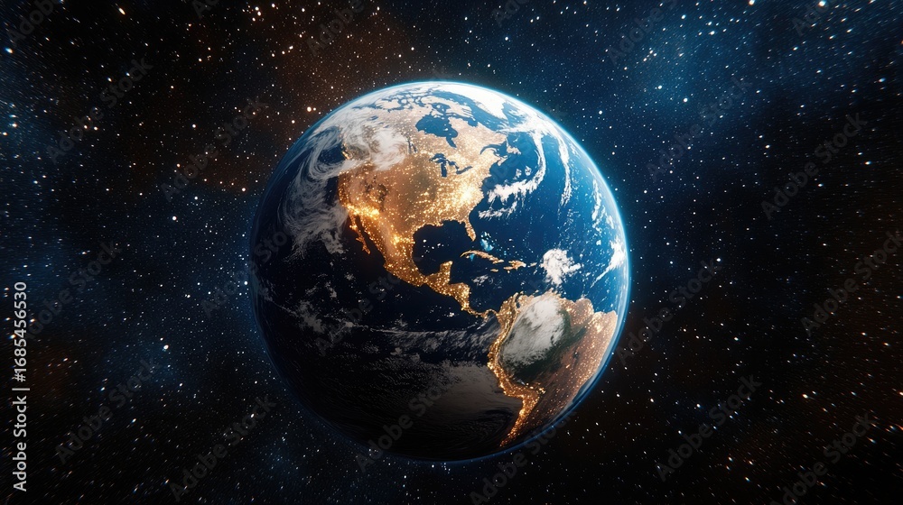 Obraz premium Earth, viewed from space, with visible continents and star-strewn background