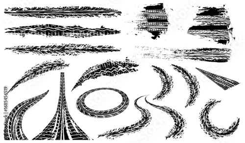 Vector Tire Tracks, Skid Marks, and Drift Patterns for Grunge Automotive Design. racing. motorsport