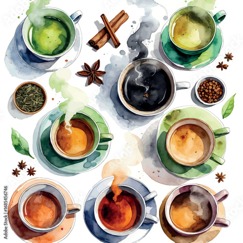 Watercolor vector of assorted tea cups with spices and steam, top view, isolated on white