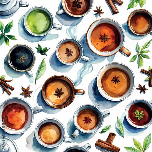 Watercolor vector of assorted tea cups with spices and steam, top view, isolated on white
