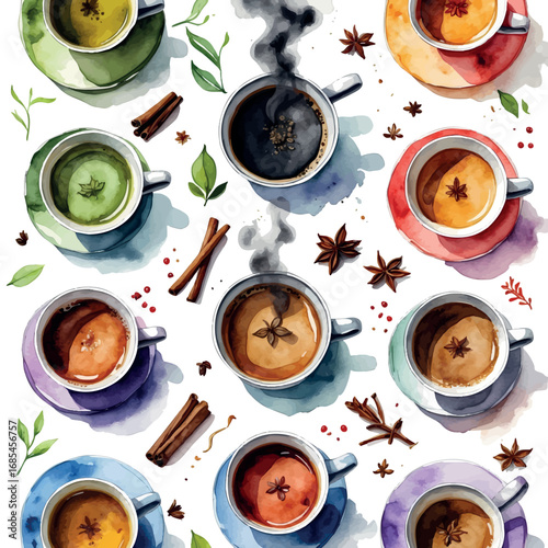 Watercolor vector of assorted tea cups with spices and steam, top view, isolated on white