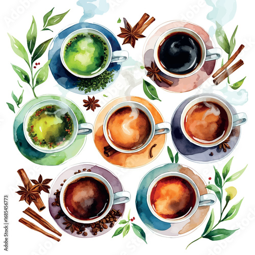 Watercolor vector of assorted tea cups with spices and steam, top view, isolated on white