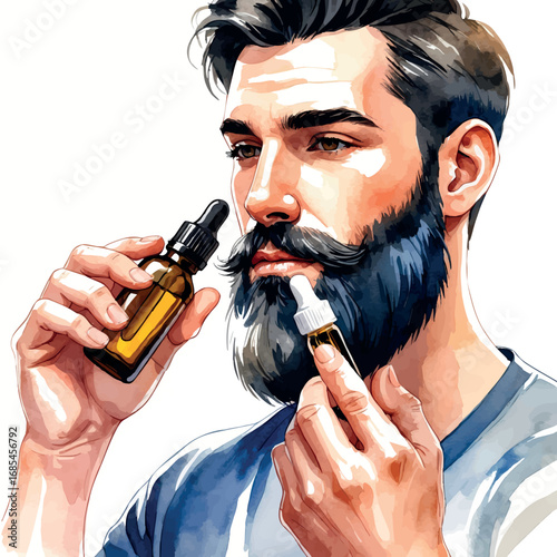 Watercolor vector of man grooming beard – applying oil with dropper, clean and minimal style, isolated