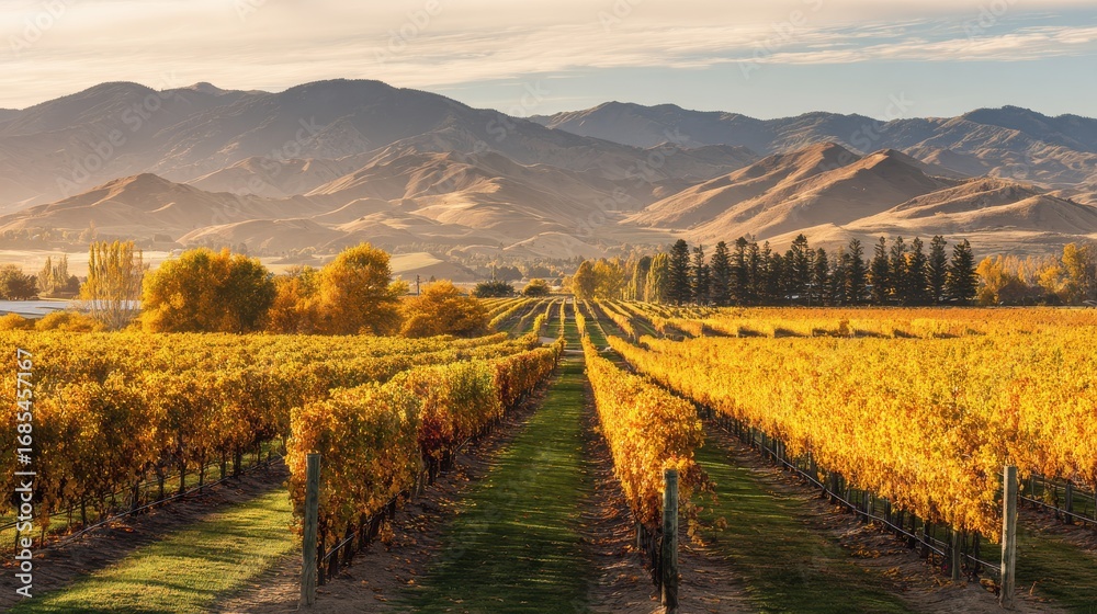 Naklejka premium Picturesque vineyard bathed in golden sunlight portraying tranquility and natural harmony, ideal for wine promotions or travel content.