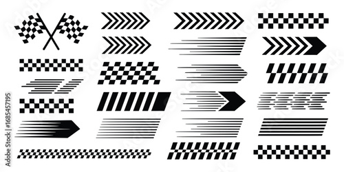 Race Car Stripes and Motorsports Vector Set – Includes Checkered Flags, Finish Line Elements, Dynamic Racing Lines, Motocross Labels, Speed Graphics, and Competition-Themed Design Assets