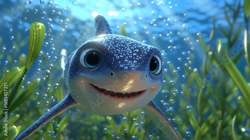 Blue cartoon shark is swimming in the sea