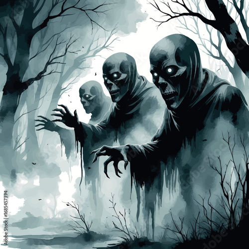 Watercolor vector of faceless figures in fog, haunting surreal nightmare illustration, isolated