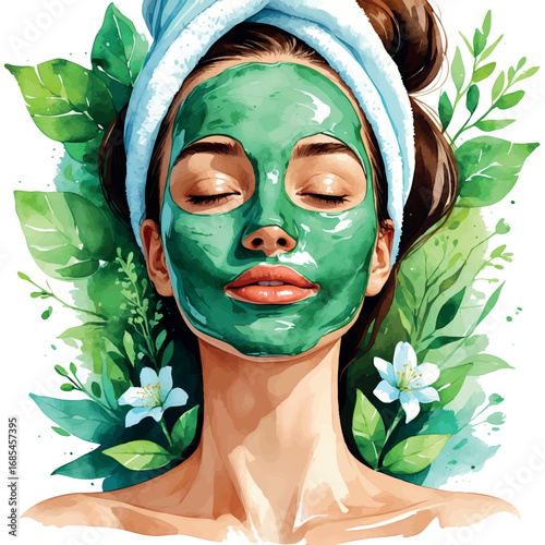 Watercolor vector of facial mask routine – relaxing beauty moment with towel and green clay, isolated