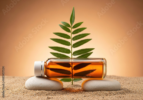 Amber Essential Oil Bottle with Leaf on Stones.