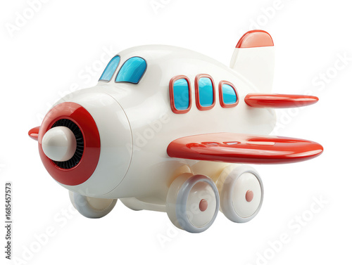 Child's toy airplane, white body with red accents, cartoonish design