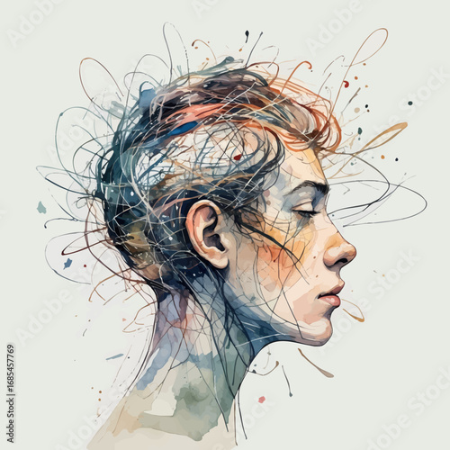 Watercolor vector tangled mind illustration representing mental overwhelm