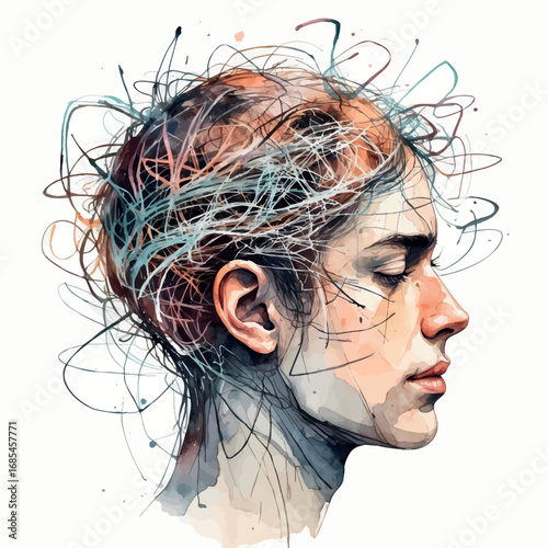 Watercolor vector tangled mind illustration representing mental overwhelm