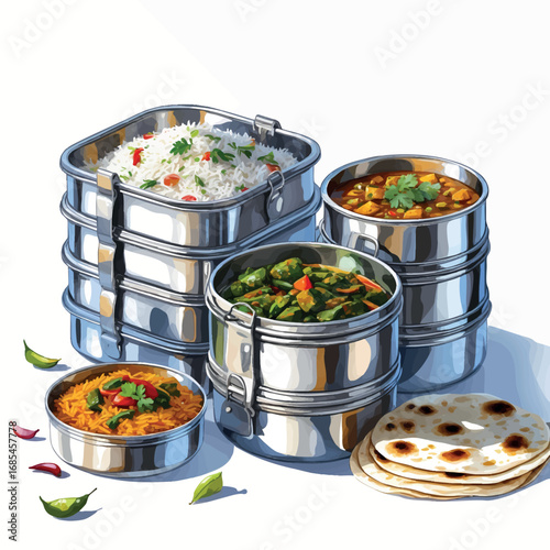 Indian tiffin watercolor vector. Stainless steel lunchbox with traditional meals, isolated on white