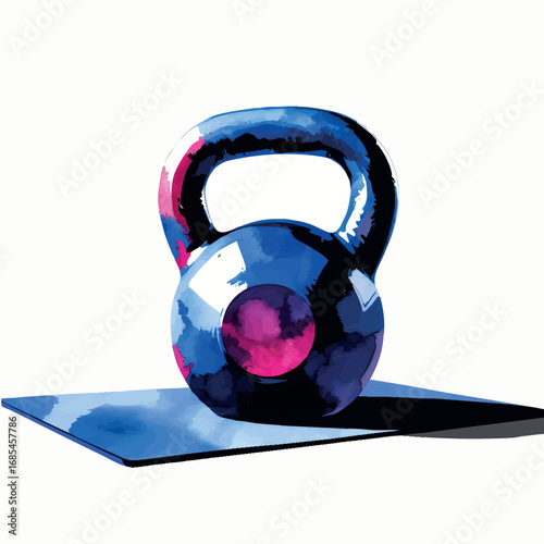 Watercolor vector of kettlebell on mat, fitness strength equipment, isolated