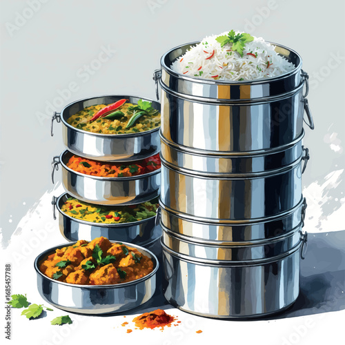 Indian tiffin watercolor vector. Stainless steel lunchbox with traditional meals, isolated on white
