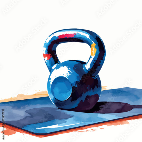Watercolor vector of kettlebell on mat, fitness strength equipment, isolated