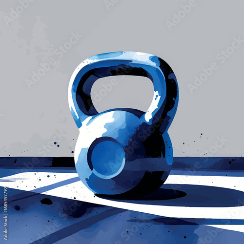 Watercolor vector of kettlebell on mat, fitness strength equipment, isolated