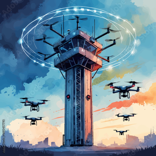 Watercolor vector drone jamming tower – electromagnetic disruption scene, isolated