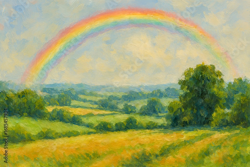 Impressionist Countryside Painting with Rolling Green Hills and Rainbow in Cloudy Sky