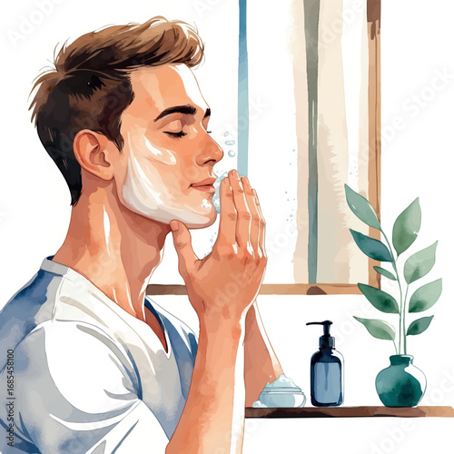 Watercolor vector of man washing face – morning skincare routine for men, isolated on white