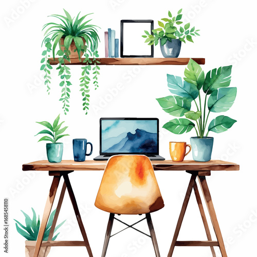 Watercolor vector modern desk with laptop and coffee in home office style
