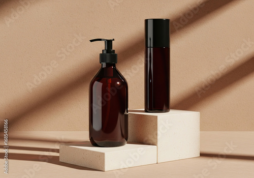 Amber Glass Bottles with Pump Dispenser and Spray Top.