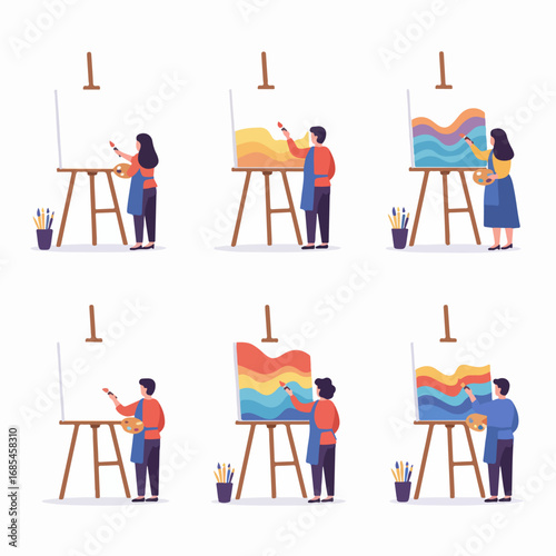 Artists painting colorful abstract wave patterns on canvases with easels, showcasing creativity and artistic expression.