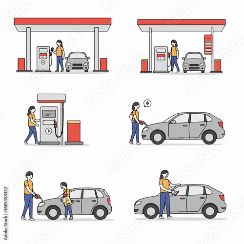 People Refueling and Maintaining Cars at a Gas Station: A Set of Illustrations for Vehicle Service and Auto Care.